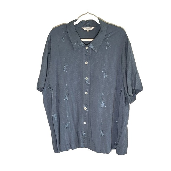 Uniform John Paul Richard Tops - Neutral Floral Embroidery Shirt Blue 1X Boho Indie Folk Coastal Nautical Resort